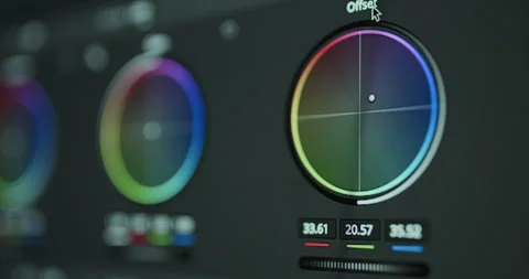 Close-Up Of Color Grading Wheels In Editing Software Interface Stock Footage 313468643