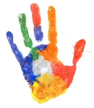 Close up of colored hand print on white Stock Illustration