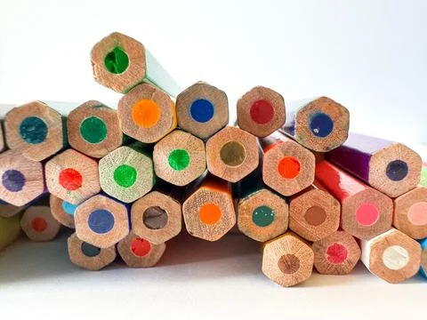 Close up of colored pencils tips grouped together showing variety of colors on Stock Photos
