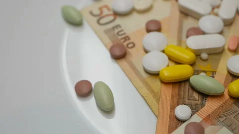 Close up, colored pills rotating on 50s euro banknotes from the right side Stock Footage 86178372