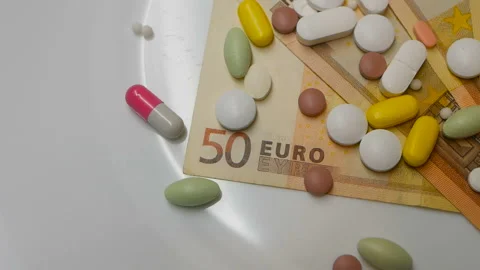Close up, colored pills rotating on 50s euro banknotes from the right side Stock Footage 86178409