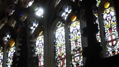 Close-up colored stained glass window in cathedral Stock-Footage 100446224
