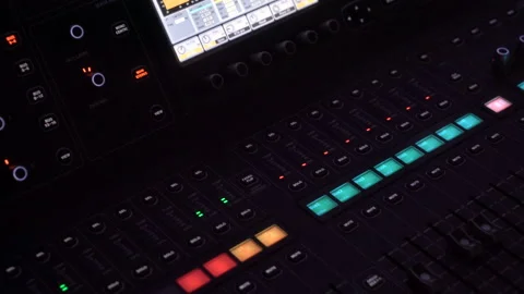 Close up of colorful buttons on the mixing console at the show. Professional Stock-Footage 161155846