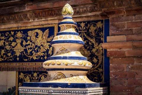 Close up of colorful ceramic tile column head capital at Plaza of Spain in .. Stock Photos