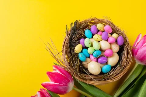 Close-up of colorful easter eggs and candies in nest with tulips on yellow Foto stock