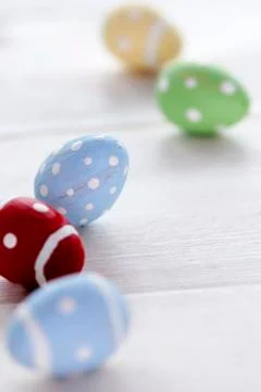 Close Up Of Colorful Easter Eggs With Ccopy Space Stock Photos