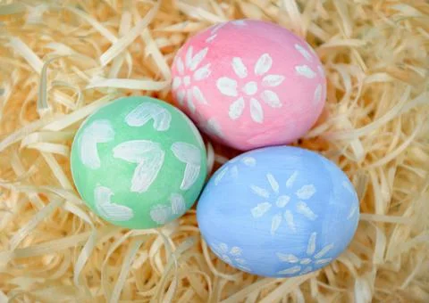 Close up of colorful easter eggs with children drawings. First preparation fo Foto stock