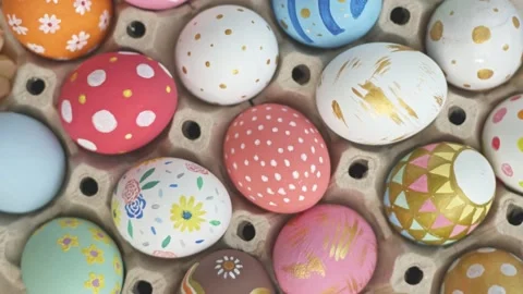 Close up of colorful easter eggs. easter decoration concept. Stock Footage 149813386