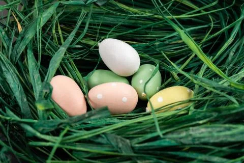 Close up of colorful easter eggs laying on grass in a basket Stock Photos