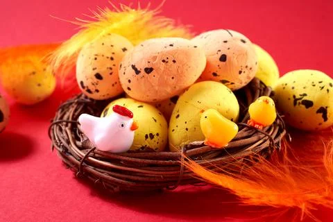 Close Up of Colorful Easter Eggs with small hen and chikens in the nest on th Stock Photos