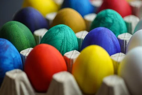 Close up colorful painted eggs for Easter Stock Photos