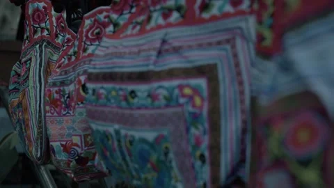 Close Up of Colorful Patterned Bags on Display at Eumundi Markets, Sunshine Coas Stock Footage 341293065