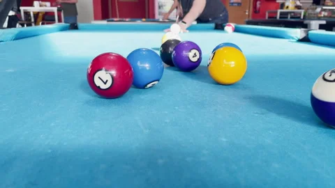 Close Up Colorful Pool Balls On Blue Felt During A Break Shot In A Pool Hall Stock Footage 339429156