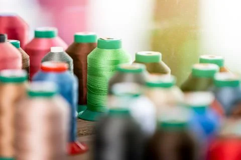 Close up of colorful threads in the leatherworking or tailoring studio Stock Photos