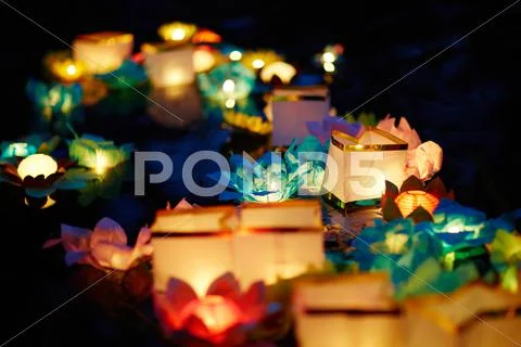 Close-up of colorful water lantern at buddhish festival Stock Photos
