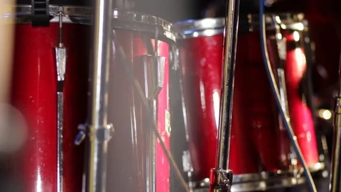 Close up of colorfull red tom tom drums. Stock Footage 88024373