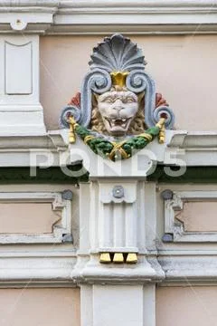 Close-up of colourful decorative lion motif on building wall,Trier, Germany Stock Photos