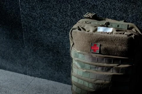 Close-up of a combat medic's backpack with space for text Stock Photos