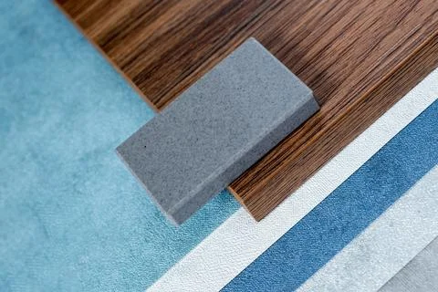 Close up combination of interior material containing set of artficial stone a Stock Photos