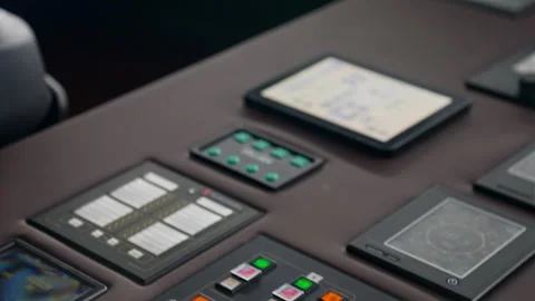 Close-up of the commands and map screen panels of an expedition ship in Stockbeeldmateriaal 241289141