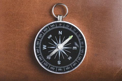 Close up of compass on wooden background Stock Photos