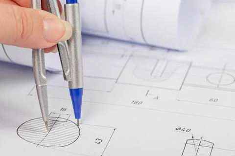 Close-up, compasses in a woman's hand, working process Stock Photos