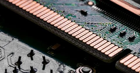 Close up of components and microchips on PC circuit board. 스톡 사진