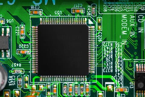 Close up of components and microchips on PC circuit board. Foto stock