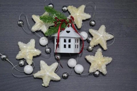 Close up of a composition of Christmas decorations Stockfoto's