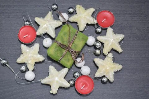 Close up of a composition of Christmas decorations Stockfoto's