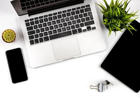 Close-up composition of office workspace, top view. Stock Photos