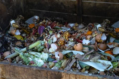 Close-up of a compost bin filled with vegetable waste Foto stock