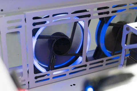 A close up computer air cooler vent blade with led color light Foto stock