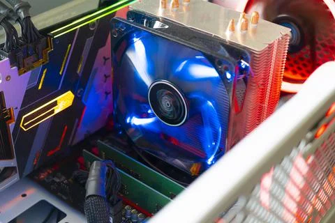 A close up computer air cooler vent blade with led color light Stock Photos