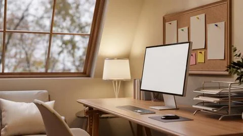 A close-up of a computer and decorative items on a hardwood desk in a warm,.. Illustrazione stock