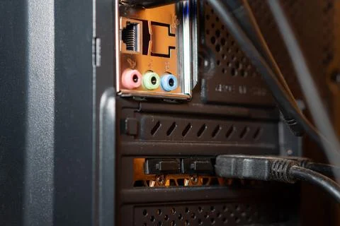 Close-up of Computer Back Panel with Ports and Cables Stock Photos