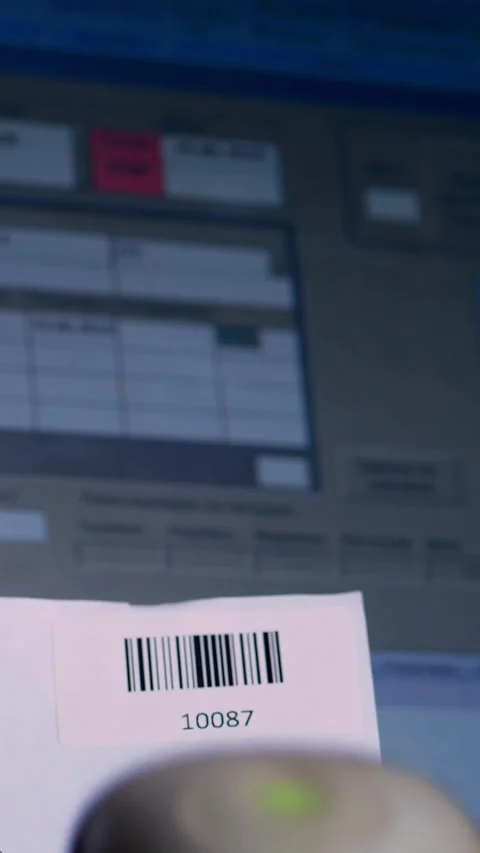 Close-up. on computer background. in warehouse, employee reads the barcode from Stock-Footage 319900975