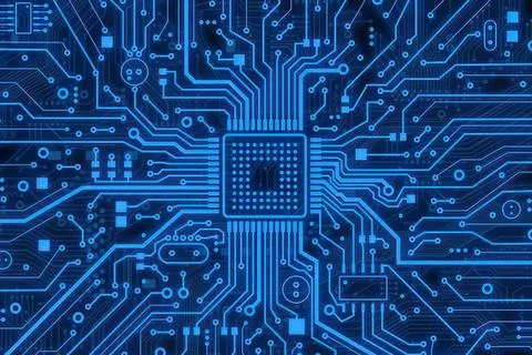 Close-up of a computer chip with circuit lines and blue background Stock Photos