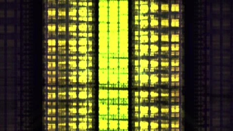 Close-up of a computer circuit board with glowing yellow lights. Видео 336693680