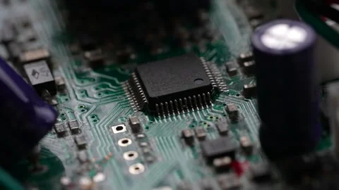 Close Up Of A Computer Circuit Chip Board, Cinematic Stock Footage 303987894