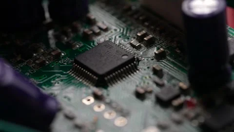 Close Up Of A Computer Circuit Chip Board, Cinematic Stock Footage 303988129