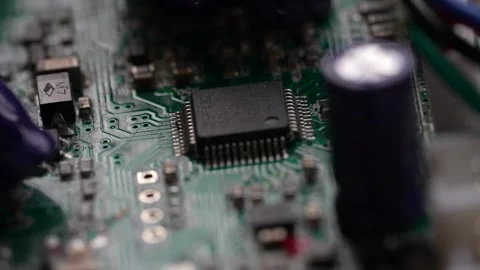 Close Up Of A Computer Circuit Chip Board, Cinematic Stock Footage 303988468