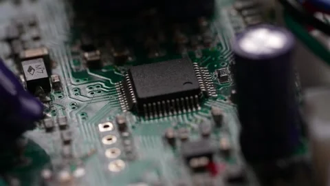 Close Up Of A Computer Circuit Chip Board, Cinematic Stock Footage 303988729