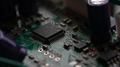 Close Up Of A Computer Circuit Chip Board, Cinematic Stock Footage 303989544