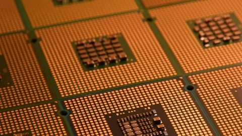 Close up on computer cpu chips and gold phisical bitcoin Stock-Footage 91724966