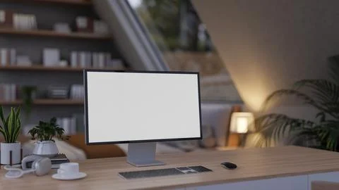 A close-up of a computer desk in a cozy, contemporary bedroom features a co.. Stock Illustration