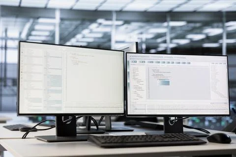 Close up of computer displays in empty high tech data center Stock Photos