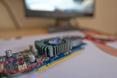 Close-Up of a Computer Graphics Card on a Desk Foto stock