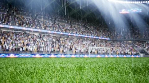 Close up computer graphics of raindrops falling over wet football grass field Stock Illustration