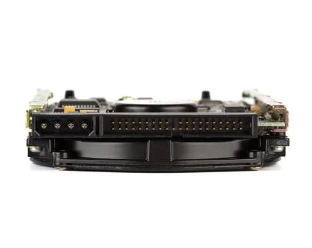 Close-up of computer hard drive connectors. Hard drive on a white background. Stock Photos